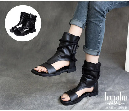 Birkuir High Top Open Toe Sandals For Women Summer Boots Luxury Hollow Out Beach Sandals Genuine Leather Flats Shoes Ladies