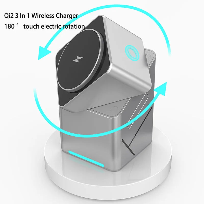2025 Touch Auto-Rotating Qi2 3 in 1 Magnetic Wireless Charger Stand For iPhone Samsung Xiaomi OPPO 30W Fast Charging
