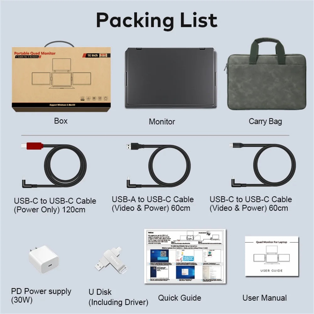 Triple Screen Portable LCD Backlit Monitor FHD Display Secondary Screen Connected to Notebook with 1 Cable Sub Screen Extender