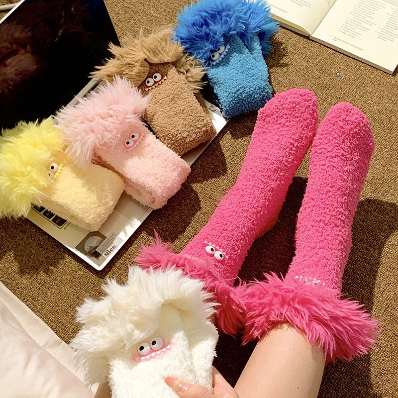 Funny Big Mouth Monster Plush Socks Cute And Fun Plush Socks Thick Coral Velvet Cartoon Sleeping Socks Winter Women Socks Gifts