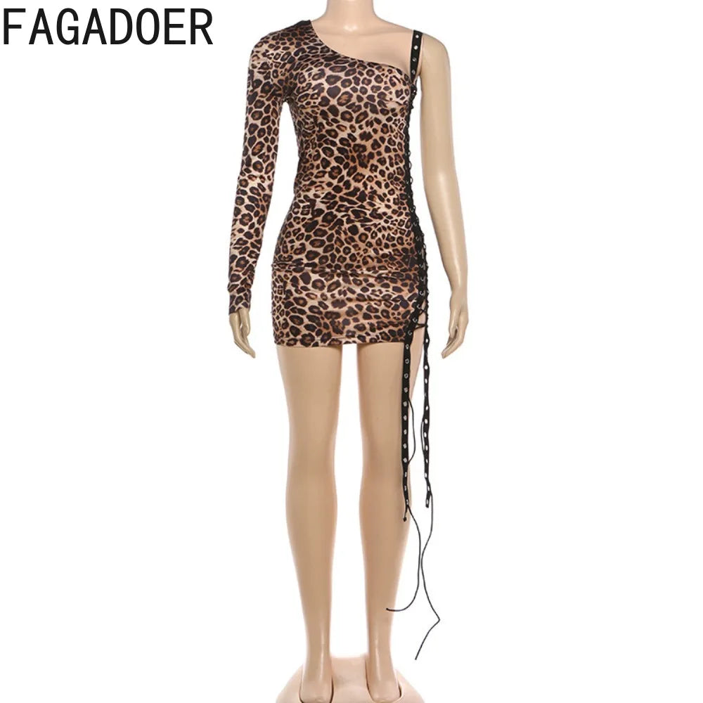 FAGADOER Spring New Sexy Leopard Print Dresses Woman Off-shoulder Backless Bandage Patchwork Dress Female Streetwear Vestidos