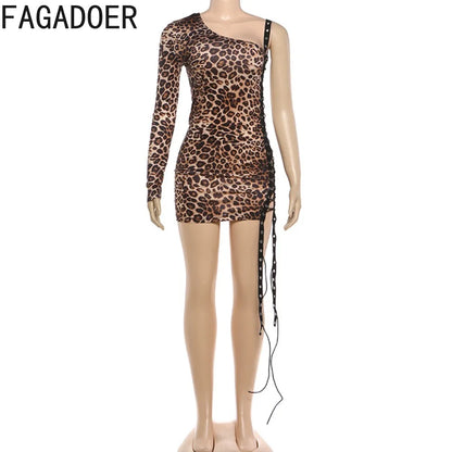FAGADOER Spring New Sexy Leopard Print Dresses Woman Off-shoulder Backless Bandage Patchwork Dress Female Streetwear Vestidos