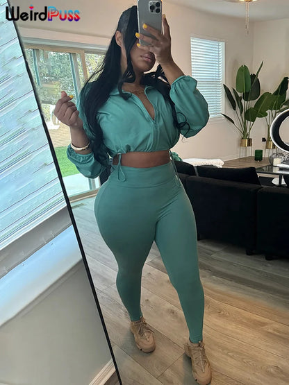 Weird Puss Women Tracksuit 2 Piece Set 2024 Autumn Casual Zip Thin Drawstring Jacket+Leggings Matching Streetwear Sporty Suit