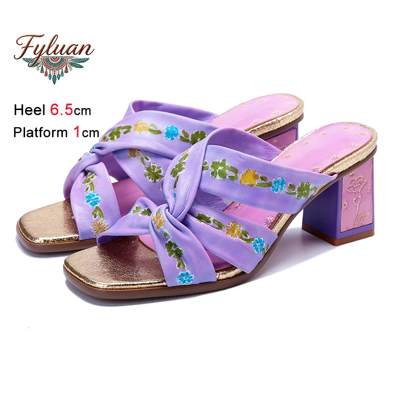 Purple Handmade Woman Slippers Luxury Party Banquet Shoes 6.5CM High Heels Summer Fashion Slide Lady Square Toe Bohemian Sandals