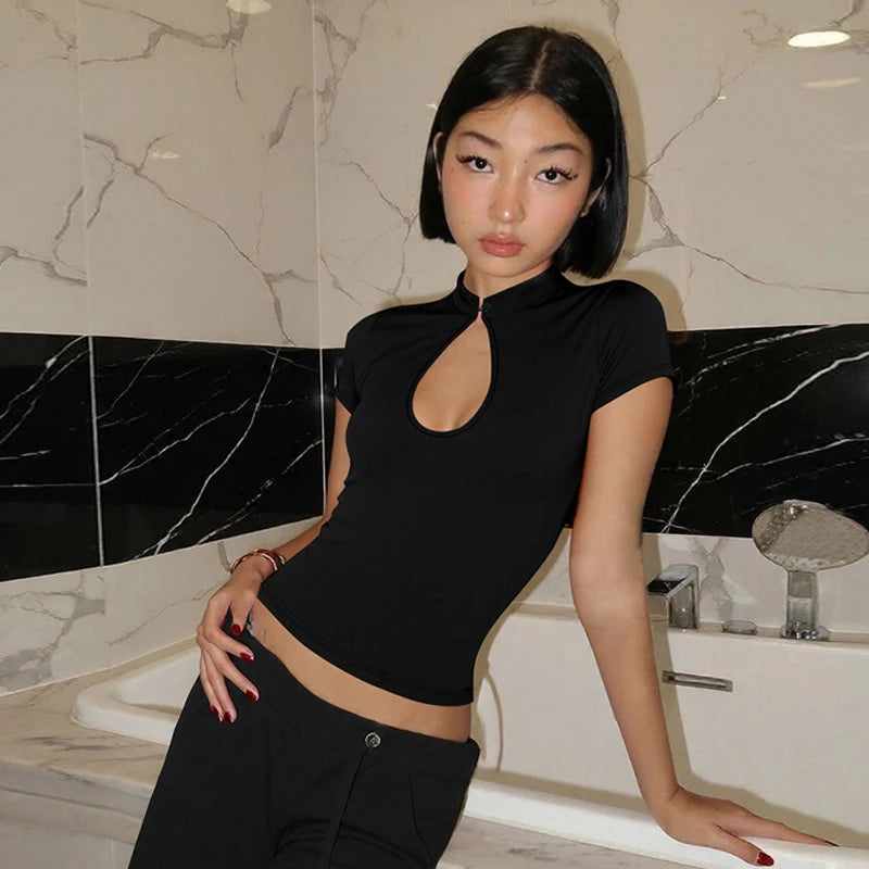 Stand Collar Button Hollow Out T-shirt Women Sexy Solid Short Sleeves Slim Fit Cropped Shirts 2026 Lady Daily Street Outwear New