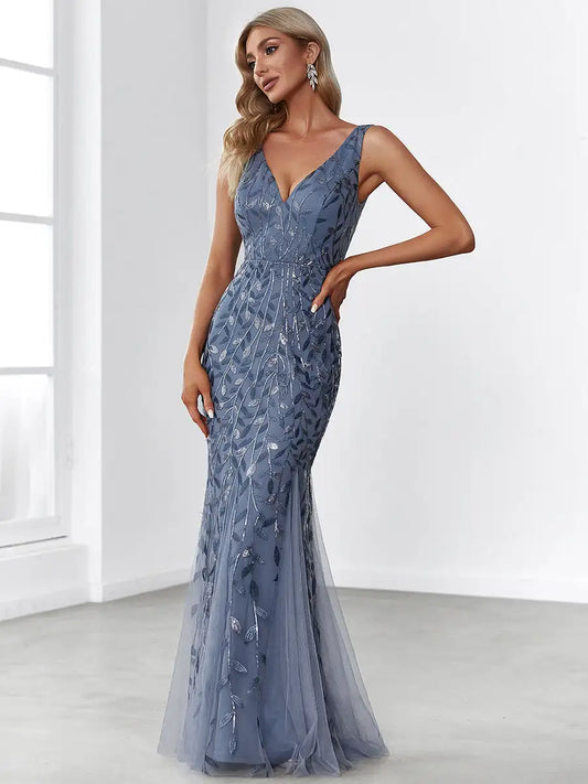 BAZIIINGAAA Party Dress Sexy Double V-Neck Sequin Mermaid Maxi Dresses For Evening Evening Dress