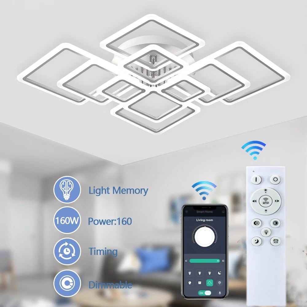 Simple Ceiling Chandelier Square with Remote Control Dimmable Modern Ceiling Lights Smart LED Lighting Fixture Study Living Room