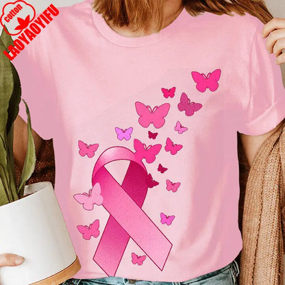 Butterflies Breast Cancer Awareness Pink Ribbon October Womens T-Shirt Summer Simple Printed Shirt Tops Cotton O-neck T Shirts