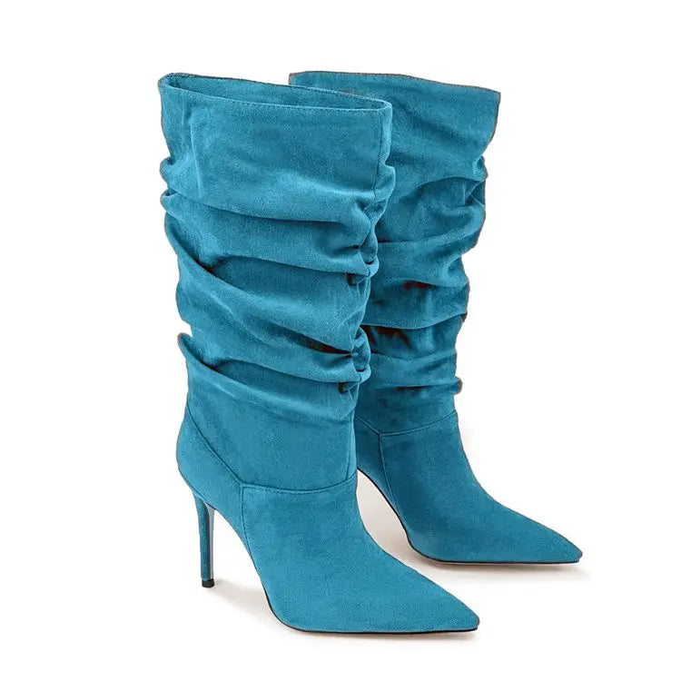 2025Women's Autumn and Winter New Pleated High-heeled Short Boots with Pointed Sleeves, Women's 35-47 Large Mid Length Boots