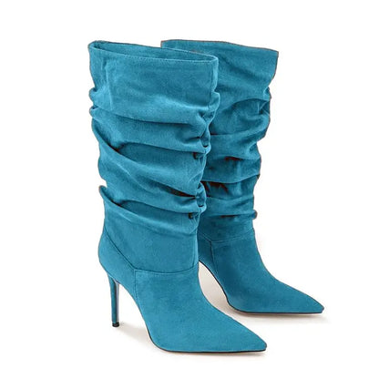 2025Women's Autumn and Winter New Pleated High-heeled Short Boots with Pointed Sleeves, Women's 35-47 Large Mid Length Boots