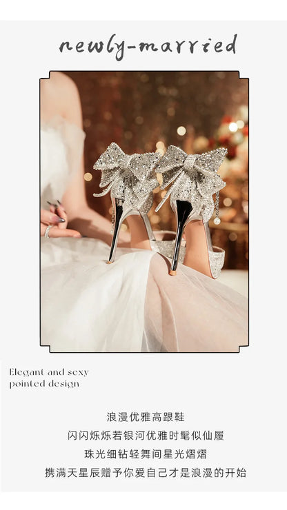 Shiny Glitter Bow Pearl Chain High Heels Wedding Banquet Dress Wedding Shoes Women's Shoes