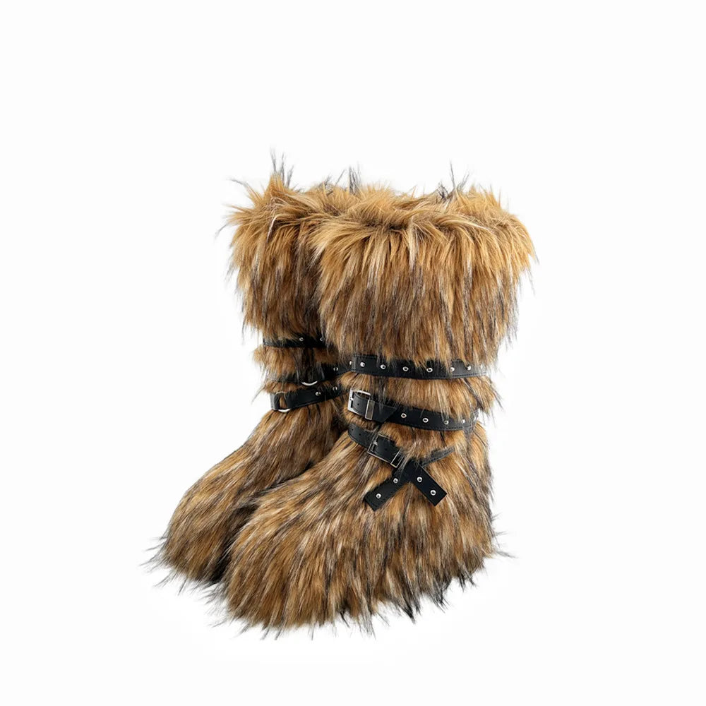 Faux Fur Knee-High Boot Round Toe Height Increasing Wild Winter Warmer Belt Buckle Slip-On Fashion Luxury Sexy Women Shoe Newest