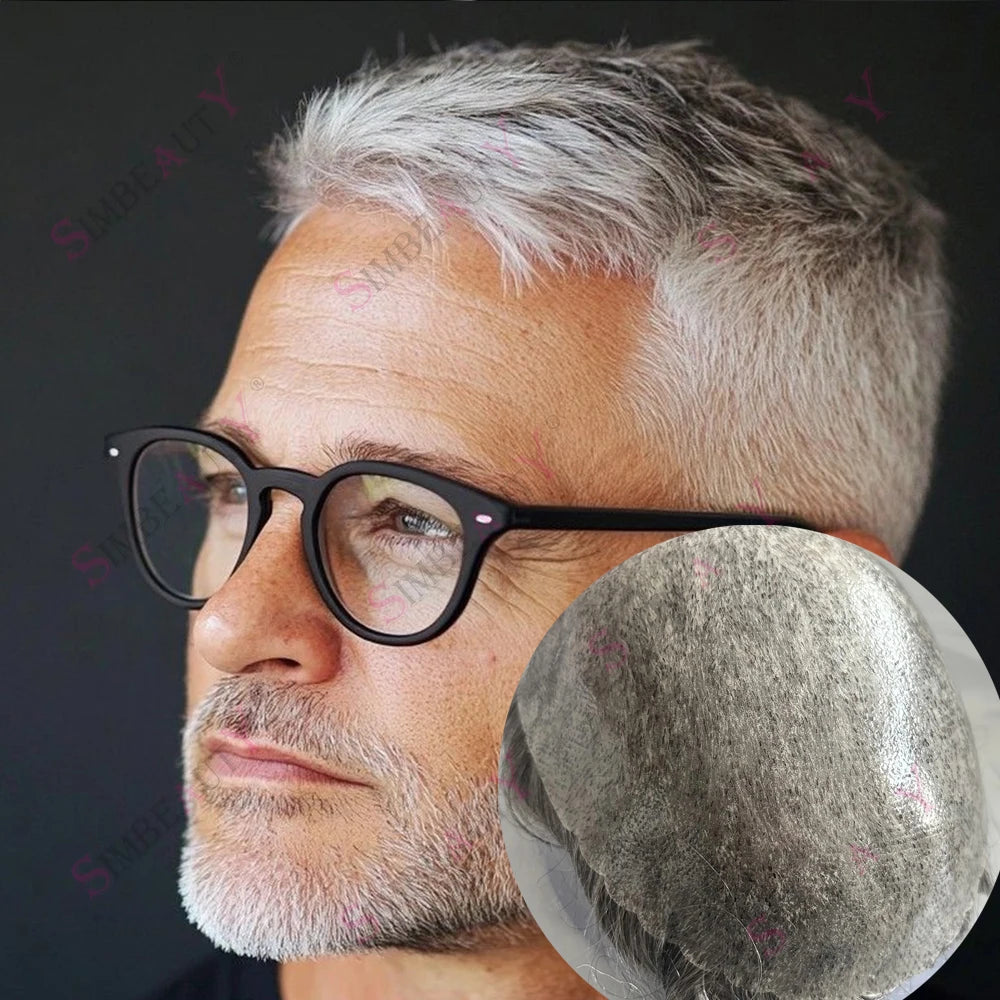 Super Micro Skin Grey 1B65 1B40 Human Hair Toupee Natural Hairline Hair Loss Solution Durable Black White Prosthes Replacement S