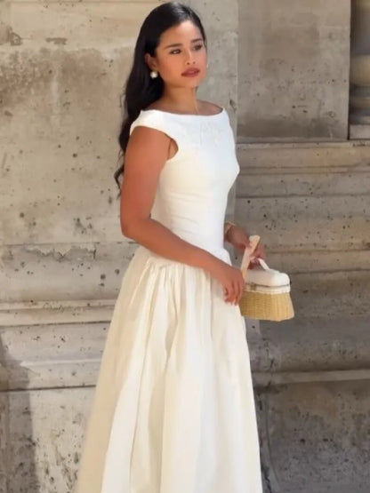 Minimalist White Boat Neck Midi Dress Women Elegant Cap Sleeve A-line Flare Eyelet Embroidery Vestido Wedding  Formal Party Gown