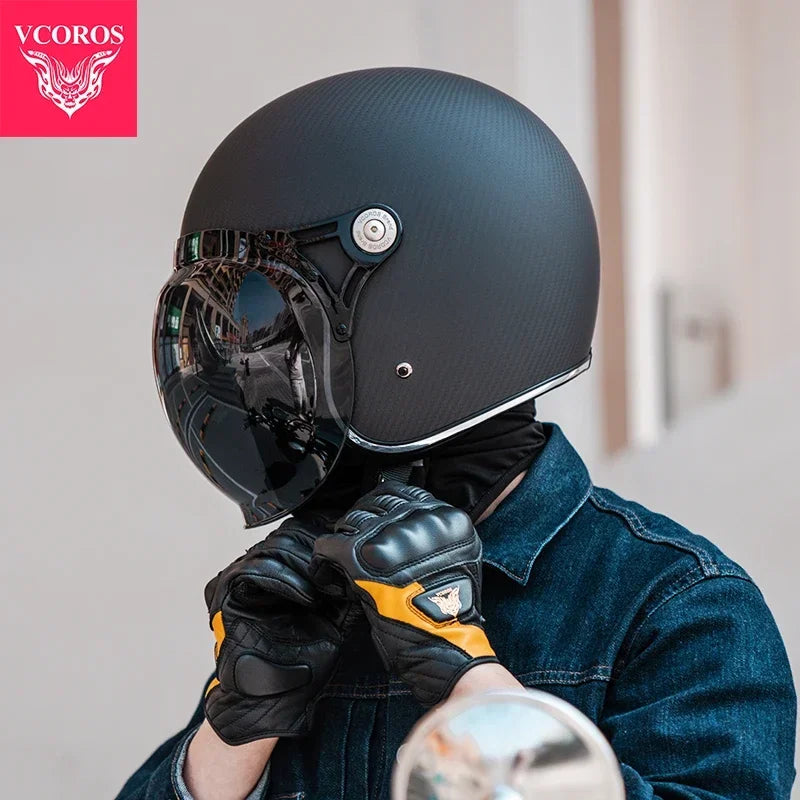 VCOROS Carbon fiber Retro Motorcycle Helmet Half Open face helmet fiberglass Cascos para motos DOT Certification