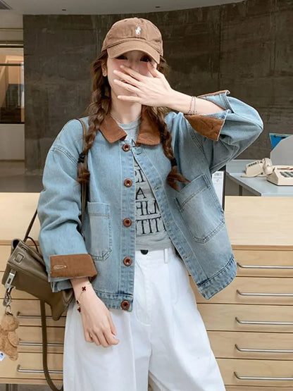 Women Clothing Autumn Fashion Korean Button Color Blocking Polo Collar Female All-match Fashionable Pocket Appear Thin Cardigan