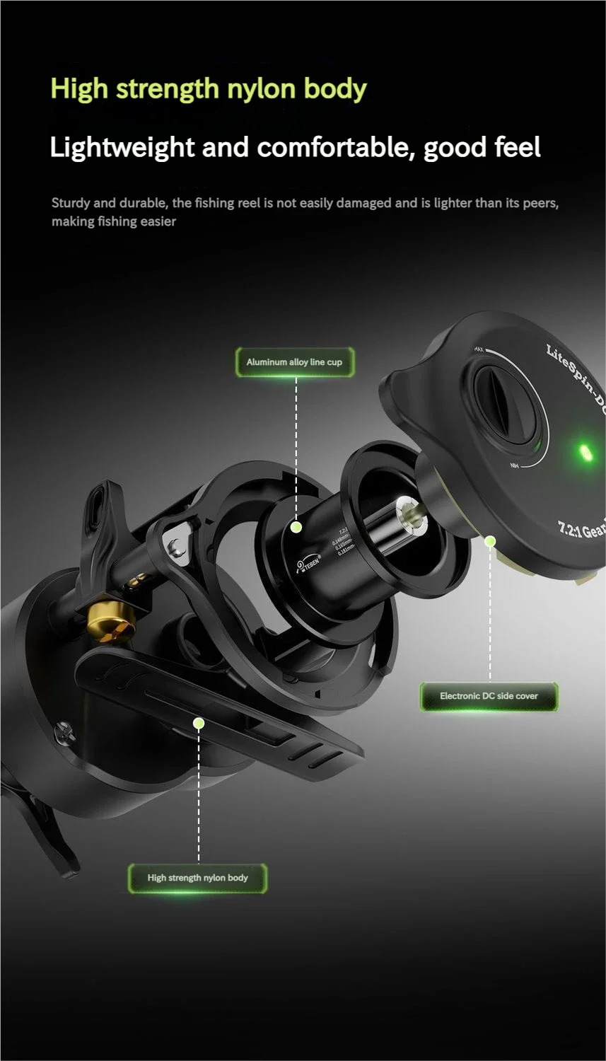 Smart DC Electronic Brake Drum Reel Anti Backlash Micro Lure Long Cast With Sound Alert 7.2:1 Gear Ratio 5kg Drag 5+1 Bearings