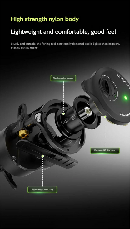 Smart DC Electronic Brake Drum Reel Anti Backlash Micro Lure Long Cast With Sound Alert 7.2:1 Gear Ratio 5kg Drag 5+1 Bearings