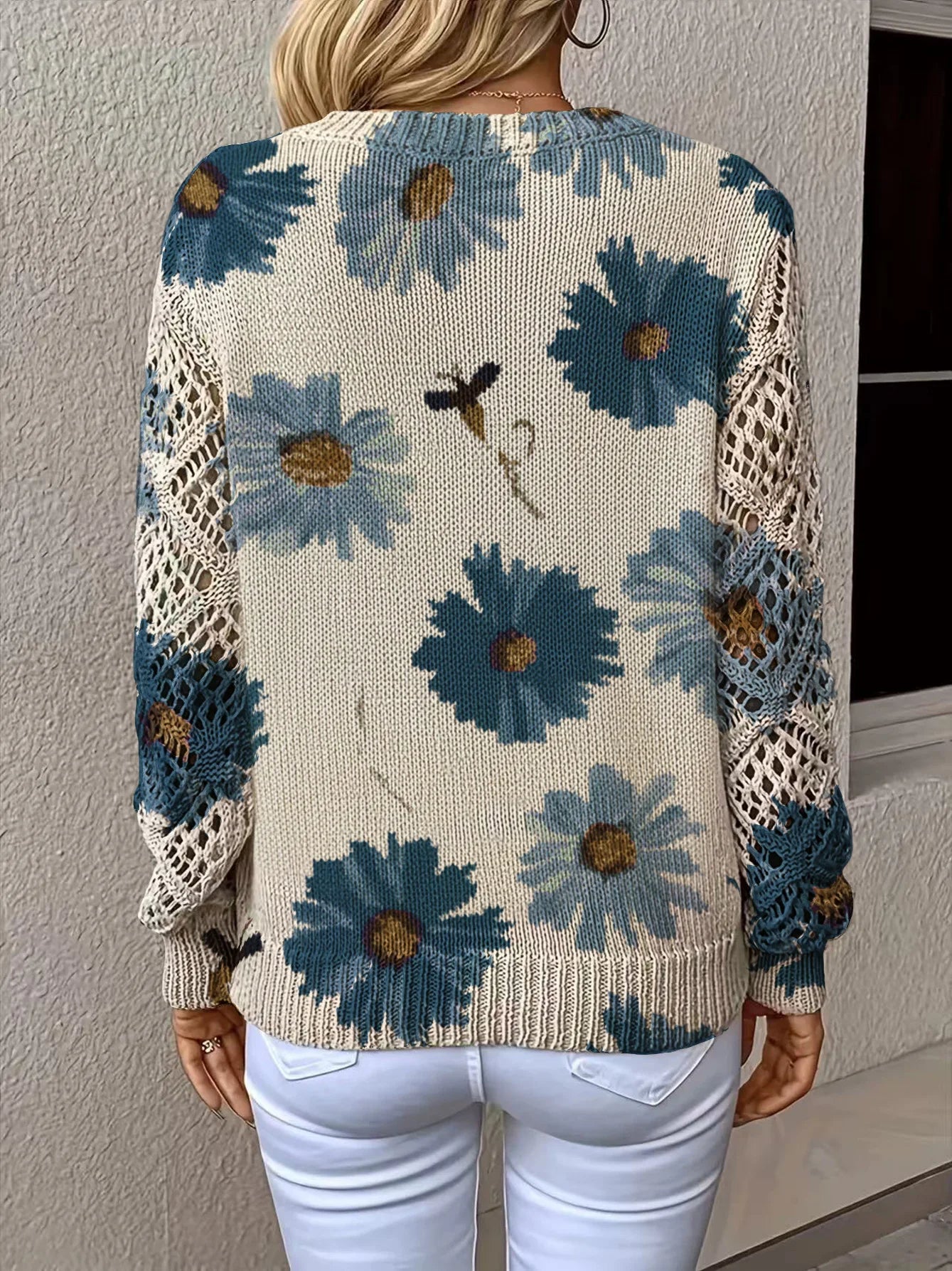 V-neck Fashionable Floral Print Cutout Sleeves Bohemian Pullover Sweater Ropa De Invierno Para Mujer Abbigliamento Donna Autunno