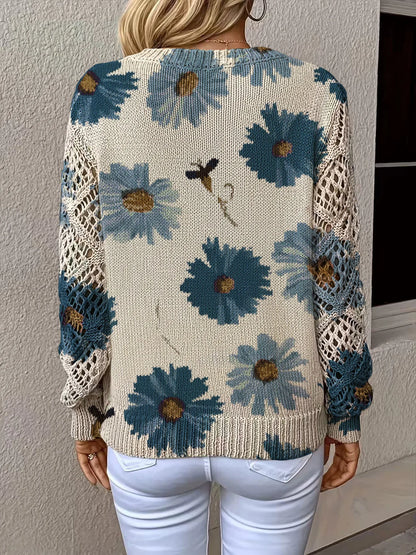 V-neck Fashionable Floral Print Cutout Sleeves Bohemian Pullover Sweater Ropa De Invierno Para Mujer Abbigliamento Donna Autunno