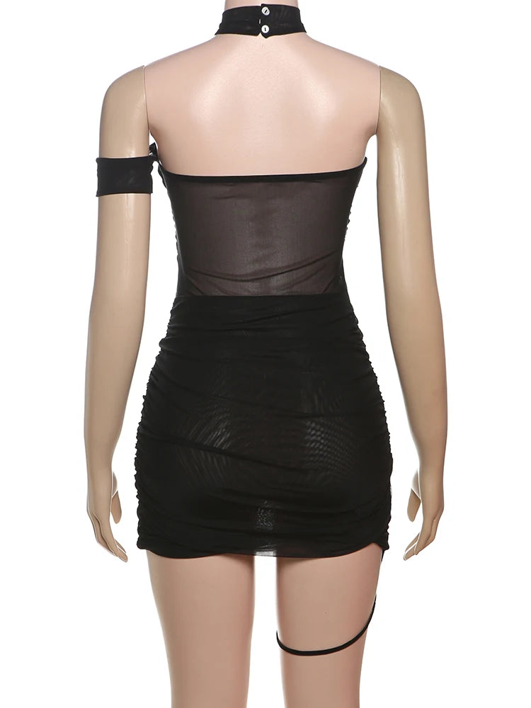 Weird Puss See Through Sexy Women Dress Y2K Cross Bandage Backless Halter Sleeveless Summer Trend Midnight Clubwear Mini Bodycon
