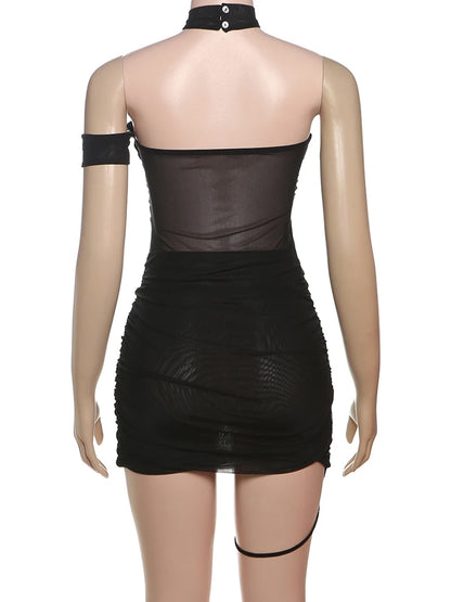 Weird Puss See Through Sexy Women Dress Y2K Cross Bandage Backless Halter Sleeveless Summer Trend Midnight Clubwear Mini Bodycon
