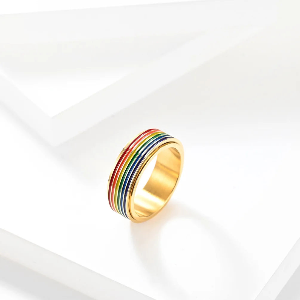 Rainbow Color Anxiety Rings For Women Men Stainless Steel Rotate Freely Fidget Spinning LGBT Pride Ring Accessories Jewelry