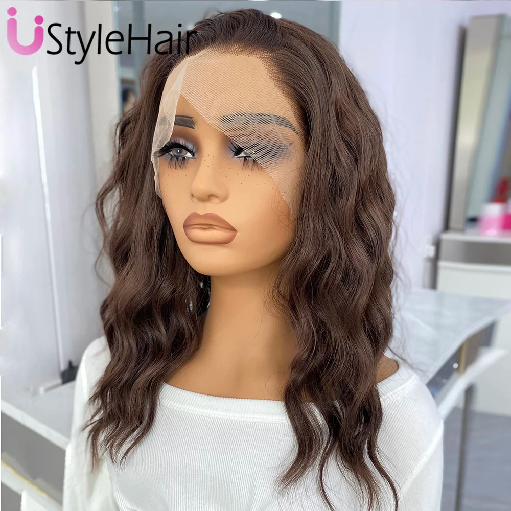 UStyleHair Brown Lace Front Wig Natural Looking 12Inches Short Wave Wig Heat Resistant Synthetic Hair Daily Use Cosplay Wig