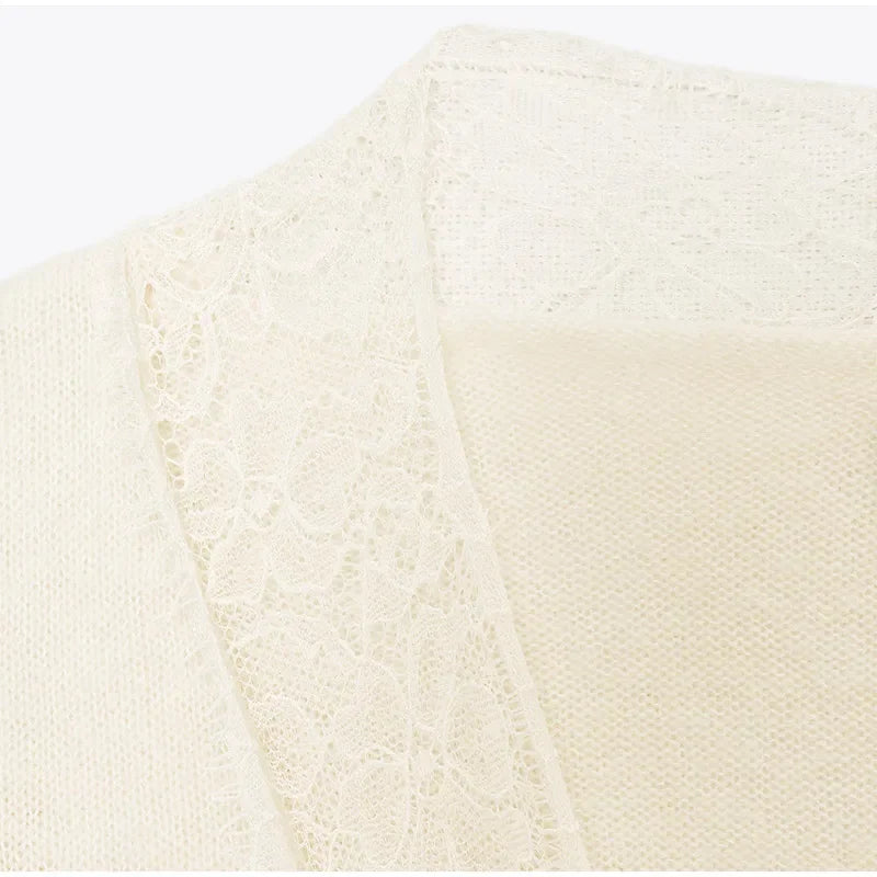 Women Fashion Lace Pullovers Elegant Long Sleeves Chic V-neck Solid Slim Knitwear 2025 Autumn Winter Daily Commute Outerwear