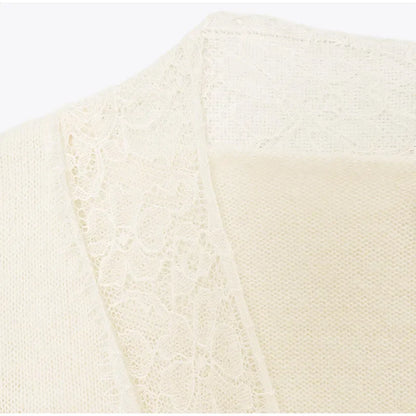 Women Fashion Lace Pullovers Elegant Long Sleeves Chic V-neck Solid Slim Knitwear 2025 Autumn Winter Daily Commute Outerwear
