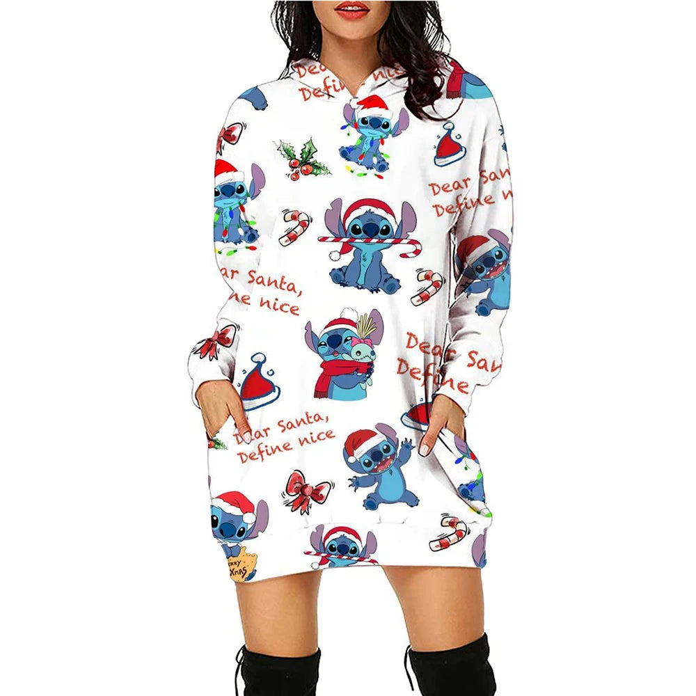 Christmas Disney Brand Stitch Cartoon Long Hoodie Autumn New Mini Sexy Long Sleeved Dress Korean Fashion Elegant Ladies Party