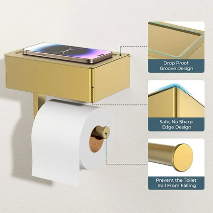 Toilet Paper Holder with Shelf, Sanitary Napkin Receptacle Tampon Holder, Wall Mount Toilet Paper Holder with Storage, Flushable