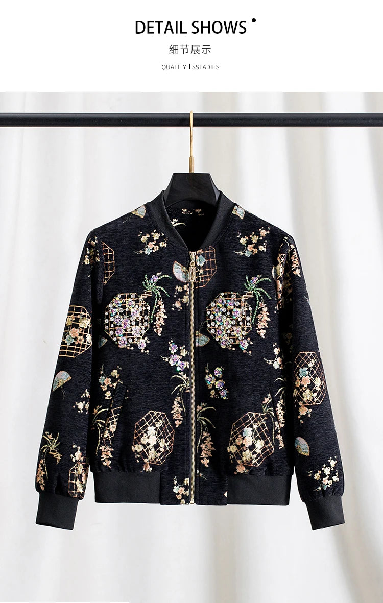 Luxury Beaded Black Jacquard Bomber Jacket Women Vintage Stand Collar Baseball Coat Elegant Embroidered Rhinestone Outerwear