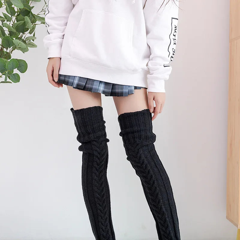 Women Winter Warm Breathable Long Johns Mohair Knee Length Knitted Wool Stretch High Sockings Femboy Leg Warmers Kawaii Clothes