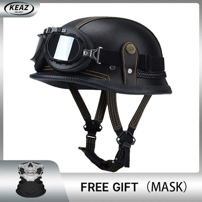 Factory Price Motorcycle German Style Leather Half Face Helmet DOT Approved Cap1/2 Shell Helmets+Goggles Open-Face Casque