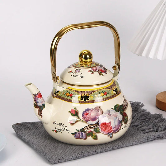 1.5L Vintage Enamelware Kettle Classic Enamel Teapot with Golden Handle for Stovetop Use Kitchen Decor Gift for Tea Lovers