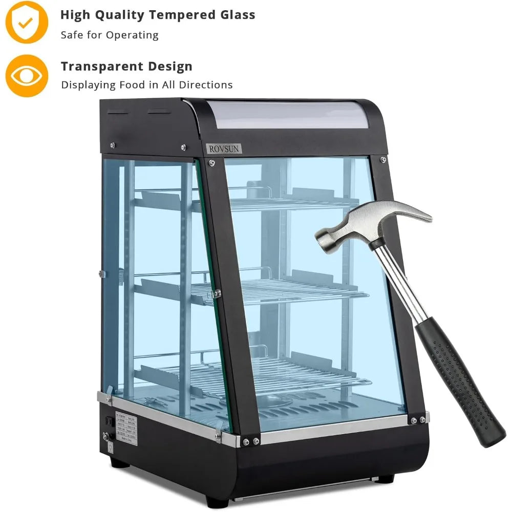 15" Commercial Food Warmer Display Pizza Warmer, 3-Tier Electric Countertop Food Warmer w/LED Lighting Adjustable Removable She