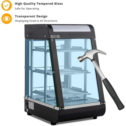 15" Commercial Food Warmer Display Pizza Warmer, 3-Tier Electric Countertop Food Warmer w/LED Lighting Adjustable Removable She