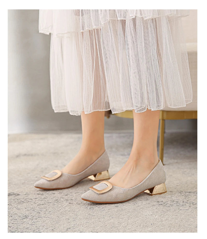 Womens Light Blue Glitter Pointed Toe Block Heel Pumps With Gold Square Buckle Detail Metallic Heel Elegant Dress Shoes Ladies