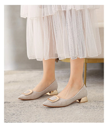 Womens Light Blue Glitter Pointed Toe Block Heel Pumps With Gold Square Buckle Detail Metallic Heel Elegant Dress Shoes Ladies