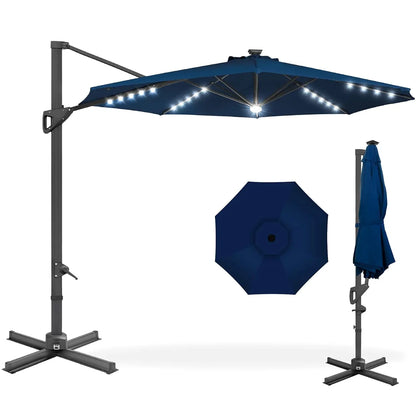 10ft Solar LED Cantilever Patio Umbrella, 360-Degree Rotation Hanging Offset Market Outdoor Sun Shade for Backyard,, Customized