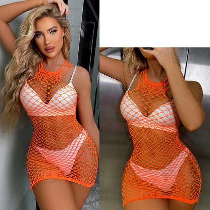 Sexy Women Fishnet Bodycon Mini Dress Mesh Hollow Out See Through Lingerie Erotic Perspective Temptation Nightdress Costume