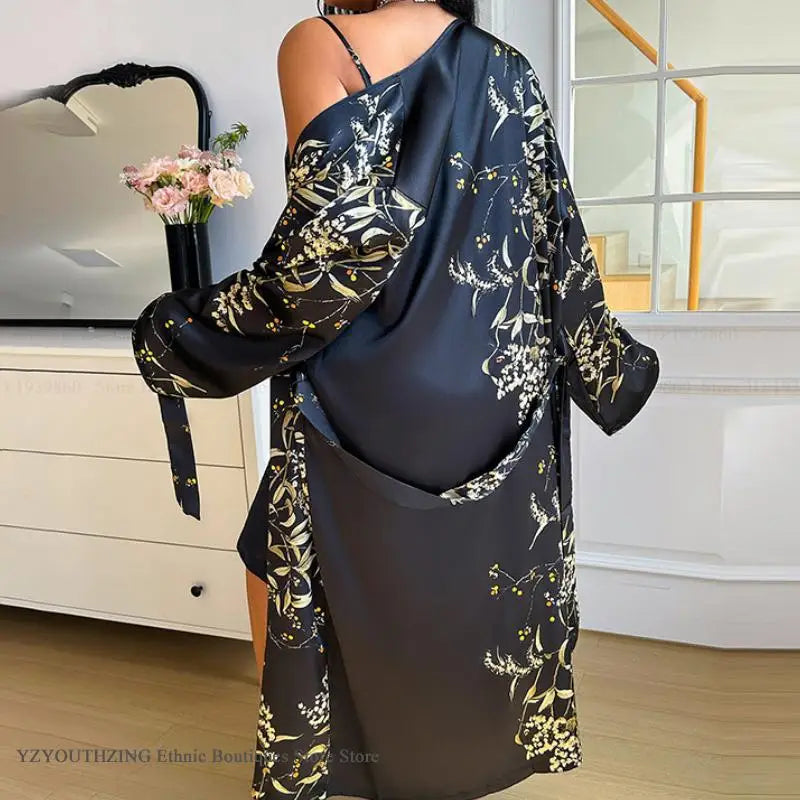 Summer New Women 2PCS Robe Set Nightgown Print Flower Kimono Bathrobe Gown Plus Size Silk Satin Sleepwear Loungewear Home Dress