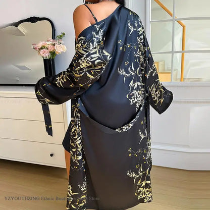 Summer New Women 2PCS Robe Set Nightgown Print Flower Kimono Bathrobe Gown Plus Size Silk Satin Sleepwear Loungewear Home Dress