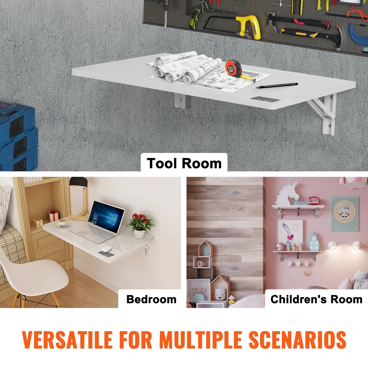 SucceBuy Wall Mounted Folding Table Drop Leaf  Floating Desk with Bracket Fold Down for Home Office Room Kitchen Space-Saving