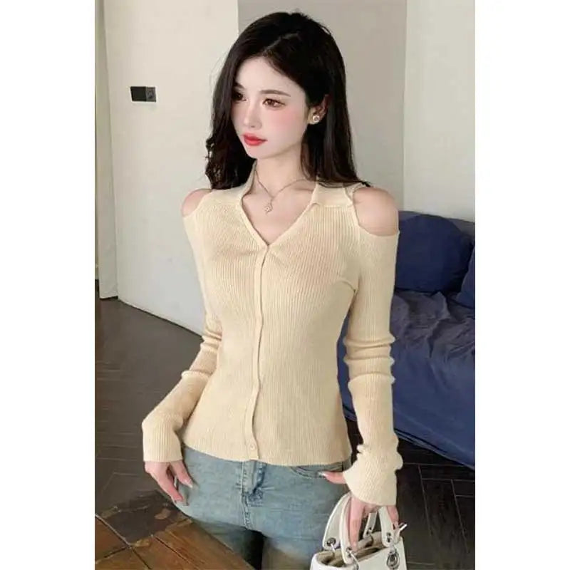Women Clothing Autumn Fashion Simplicity All-match Screw Thread Knitting Female Solid Color V-neck Slim Sweater Pullovers Tops