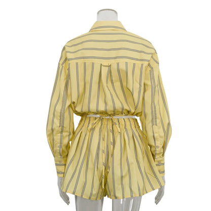 Women's Striped 2 Piece-Set Casual Lapel Long Sleeve Lace-Up Cropped T-Shirt High Waist Shorts 2026 Spring Lady Fashion Outfit