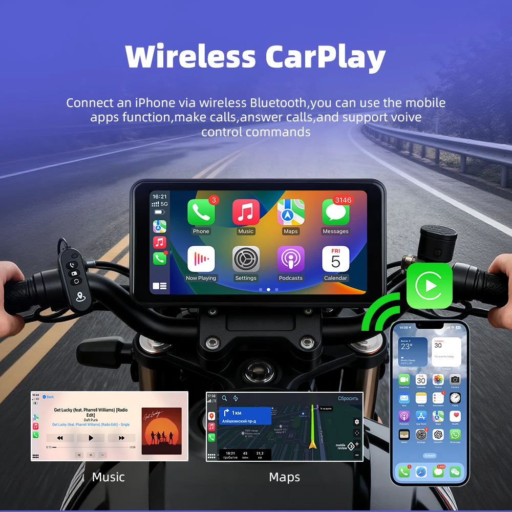 EKIY 6.25" Wireless CarPlay Moto Android Auto Portable Digital Dashboard GPS Motorcycle Navigation Display Screen TPMS Monitor