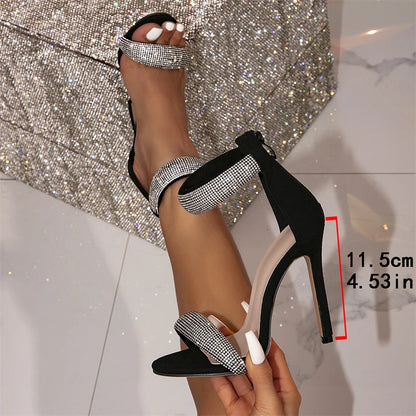 Liyke Fashion Glitter Rhinestones Ankle Wrap Zip Sandal Women Summer Fashion Open Toe Stripper Heels Party Dress Shoes Black