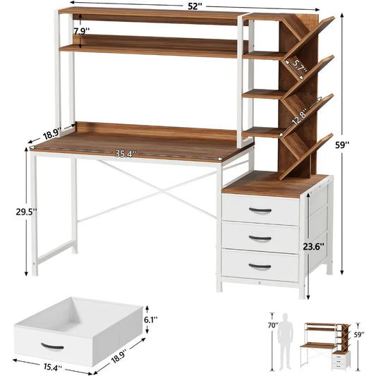 Computer Desk with Hutch, Home Office Desk with Drawers and Bookshelf, 52'' Study Writing Desk with Storage Shelves